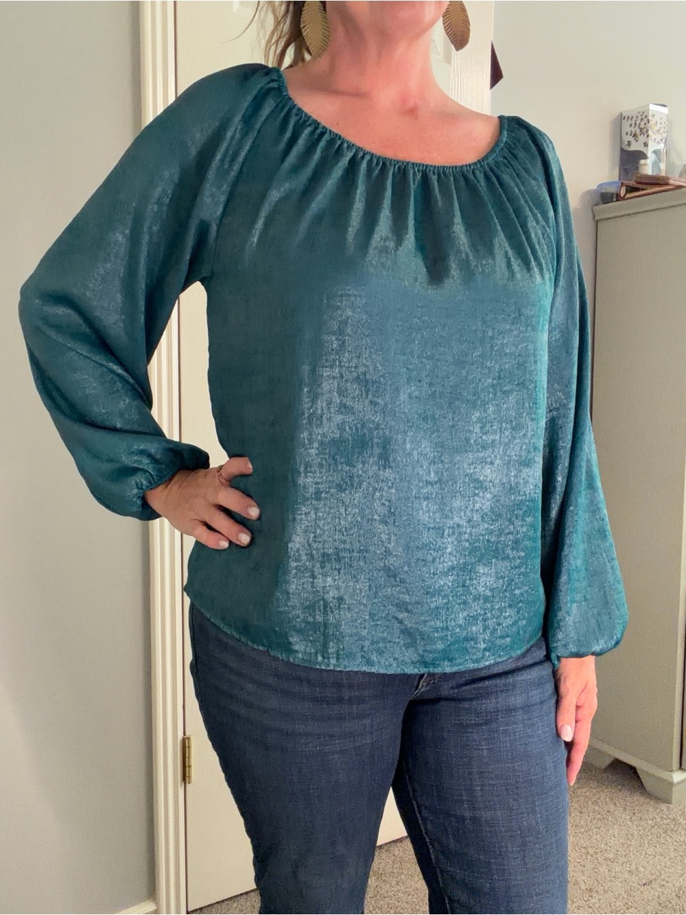LOFT Teal Shimmery Peasant Blouse